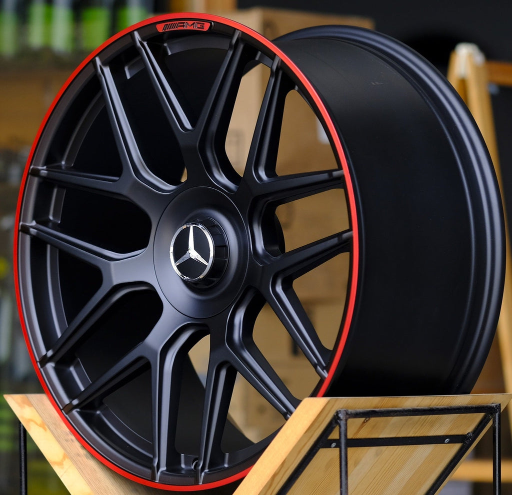 22 Inch Mercedes ML GL GLS GLE Rims ML63 ML550 ML500 ML400 GL63 GL550 GLE GLS Matte Black with Red lip  Wheels