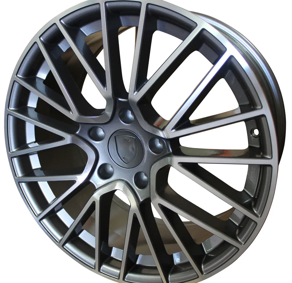 22 Inch Rims Fits Porsche Cayenne Turbo S GTS Base Staggered Gunmetal Machined Spyder Mesh Wheels